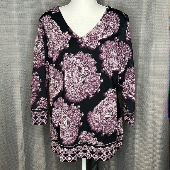 CHARTER CLUB WOMAN SIZE 0X PURPLE PAISLEY AND BLACK 3/4 SLEEVE BLOUSE NWT - Picture 1 of 7